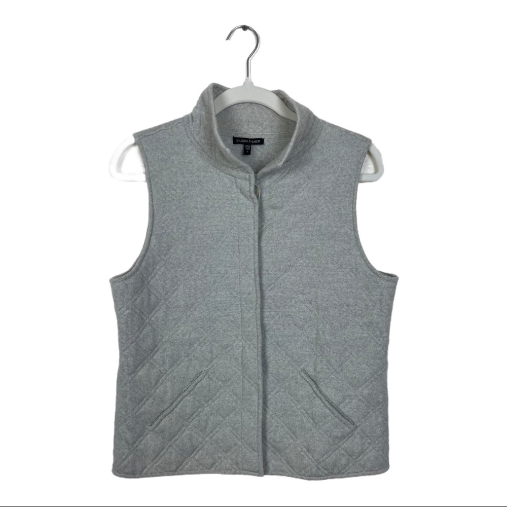 Eileen Fisher Size Small Grey Quilted 100% Merino Wool Mock Neck Zip Up Vest